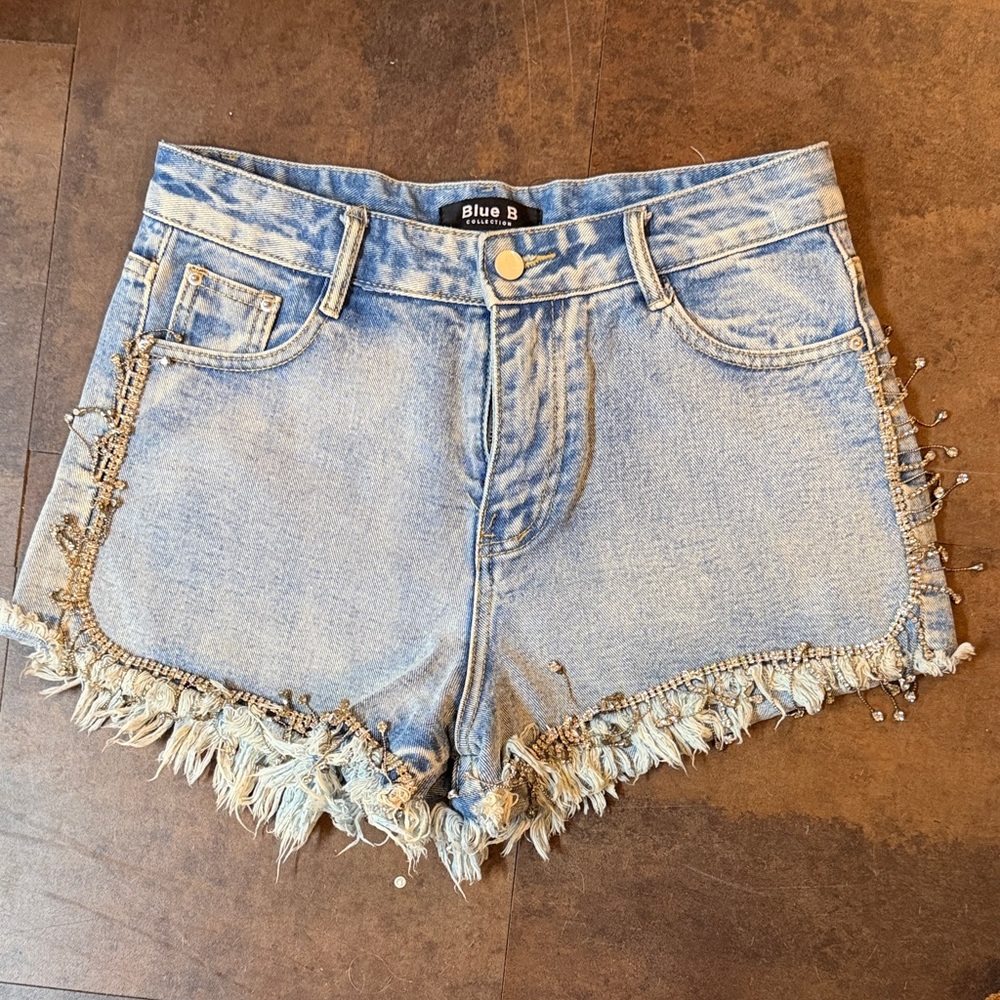 Blue B Embellished Light Blue Denim Shorts